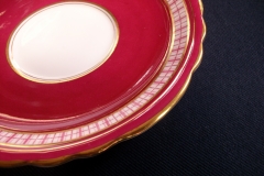 AYNSLEY #7228- RASPBERRY RED BODY, PLAID BAND, SCALLOPED, GILT -  AYNSLEY #7228 PLAID-  SOUP BOWL & SAUCER    .....   https://www.jaapiesfinechinastore.com