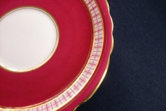AYNSLEY #7228- RASPBERRY RED BODY, PLAID BAND, SCALLOPED, GILT -  AYNSLEY #7228 PLAID-  SOUP BOWL & SAUCER    .....   https://www.jaapiesfinechinastore.com
