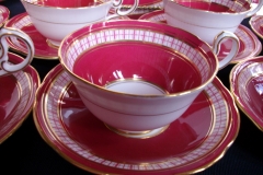 AYNSLEY #7228- RASPBERRY RED BODY, PLAID BAND, SCALLOPED, GILT -  CUP  &  SAUCER    .....   https://www.jaapiesfinechinastore.com