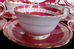 AYNSLEY #7228- RASPBERRY RED BODY, PLAID BAND, SCALLOPED, GILT -  CUP  &  SAUCER    .....   https://www.jaapiesfinechinastore.com